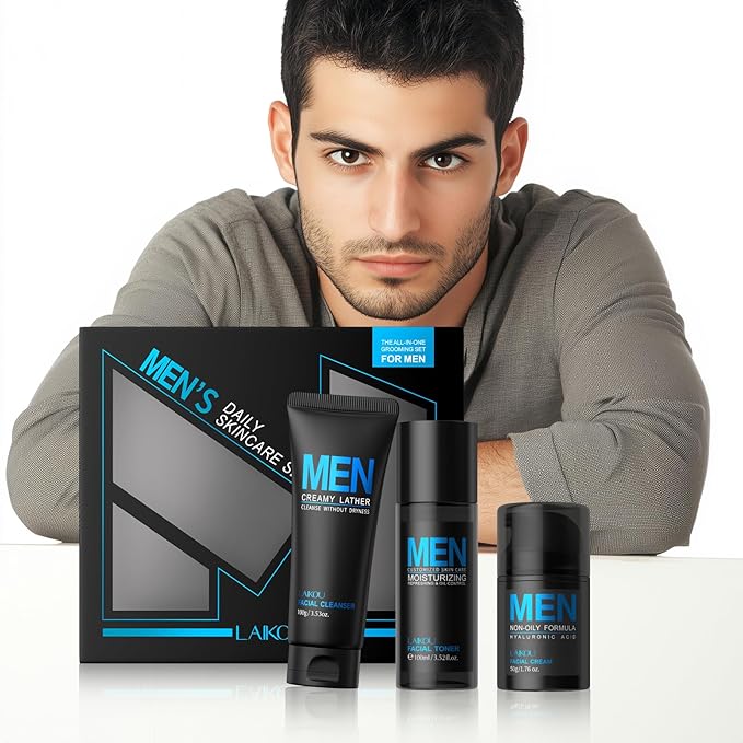 LAIKOU Men's Skin Care Set, Gifts for Men, Skincare Gift Set, Men Skincare with Facial Cream, Facial Cleanser, Facial Toner Father's Day Christmas Birthday Valentines for Him Dad Son Husband Boyfriend