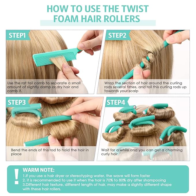 Syhood 30 Pcs 7'' Flexible Curling Rods Twist Foam Hair Rollers Soft Foam No Heat Hair Rods Rollers and 1 Steel Pintail Comb Rat Tail Comb for Women Long Short Hair(Lake Green,7 x 0.3 Inch)
