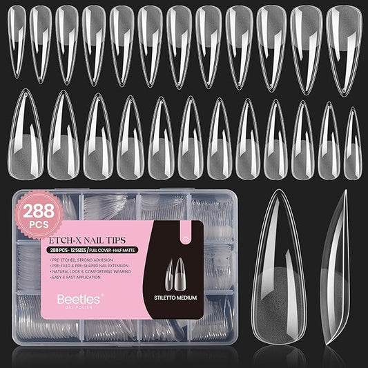 Beetles Gel Nail Tips Etch-X, Stiletto Medium, 288Pcs 12 Sizes, Pre-Etched Half Matte Full Cover Soft Acrylic False Nail Tips Pre-Shaped Easy DIY Fall Halloween Nail Extension Salon Gift for Women
