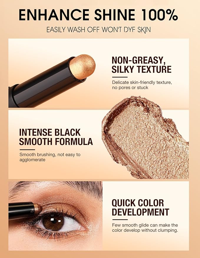 Erinde Shimmer Cream Eyeshadow Stick, Long Lasting Metallic Eye Shadow Sticks, Waterproof Creamy Glitter Eyeshadow Pencil, High Pigmented Blendable Neutral Eye Makeup, 16 Champagne Shimmer