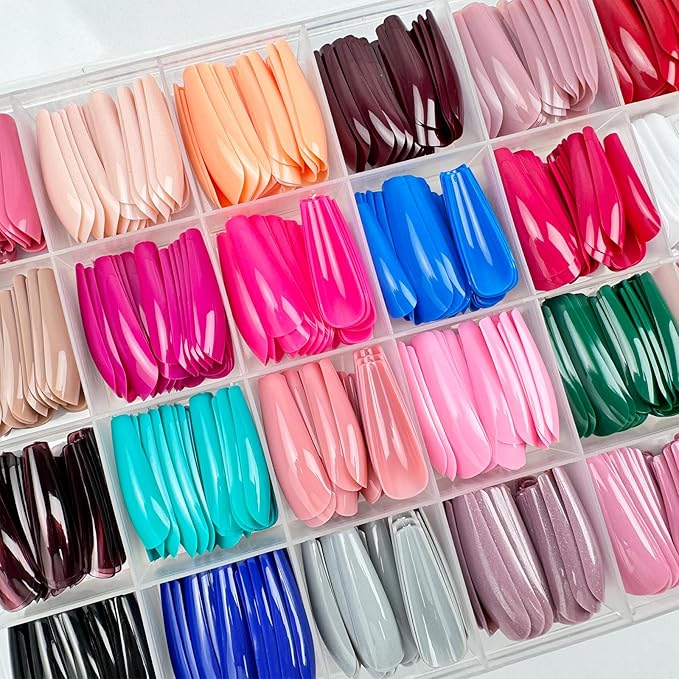 576Pcs Long Press on Nails Coffin Fake Nails Solid Color False Nails Full Cover Glossy Acrylic Glue on Nails 24 Color Reusable Artificial Nail Stick on Nail for Women Manicure