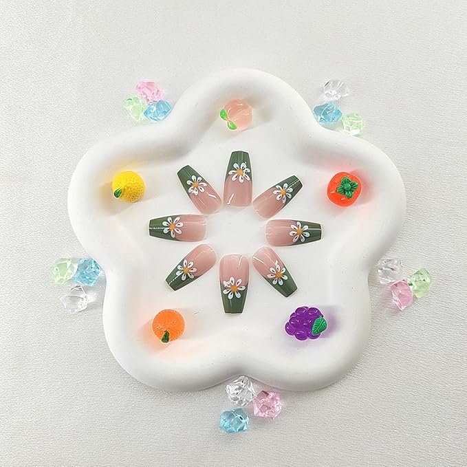 Coffin Press on Nails Medium Green French Tip False Nails with White Flower Design Coffin Nails Press ons Light Pink Full Cover Glue on Nails Glossy Fake Nails Cute Stick on Nails for Women 24Pcs