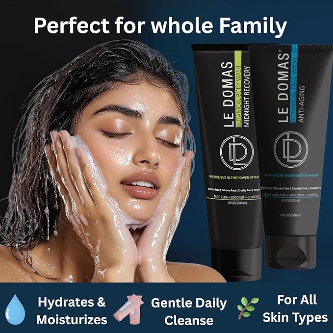 Body Wash & Face Wash Set for Men & Women – Natural Skincare with Aloe Vera, Rice & Coconut Charcoal, Hydrating Moisturizer & Oil Cleanser, Travel Size Skin Care Products for All Skin Types