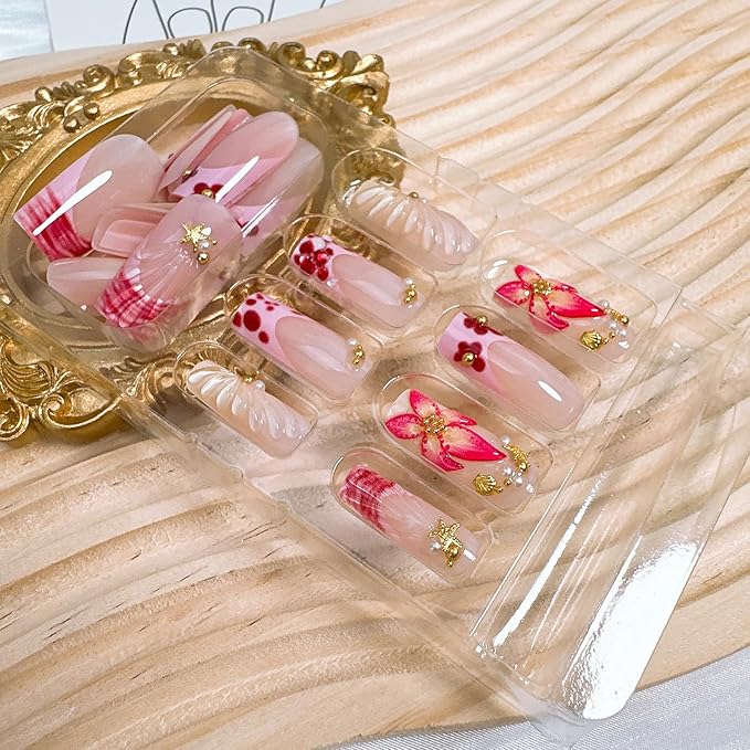24Pcs Summer Press on Nails Medium Square Fake Nails with Pearl Rhinestones Designs Gold Starfish Seashell Glue on Nails 3D Flower Acrylic Nails Beach False Nails French Tip Stick on Nails for Women
