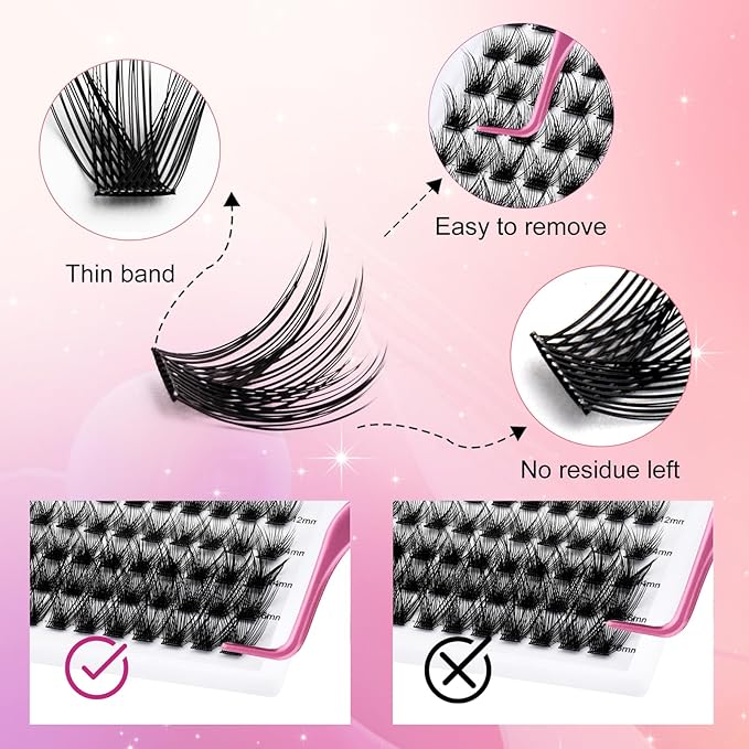 Lash Clusters DIY Eyelash Extensions 144 Clusters Lashes D Curl 0.07 Natural Individual Lash Extensions Mixed Tray False Eyelashes Soft & Strong Thin Band DIY at Home (F31-0.07D, 8-16mm)