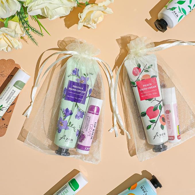 AZEN 8 Sets Bulk Gifts, Hand Cream and Lip Balm Bulk Set with Organza Bag Thank You Card, Baby Shower Wedding Gifts for Guests, Bridal Wedding Favors for Guests,Thank You Gifts for Women