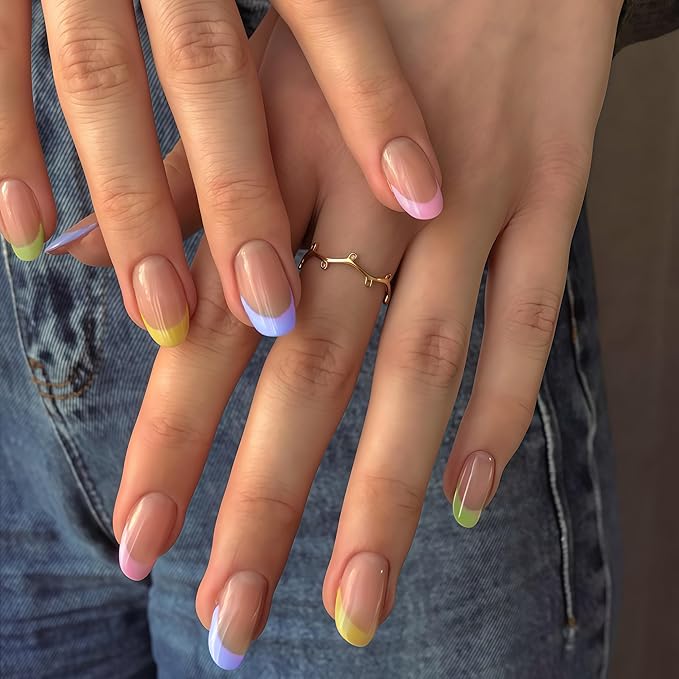 24 Pcs Colorful French Tip Press on Nails Short Oval, Acrylic Fake Nails Press ons with Glue, Short Almond Acrylic Natural Nude Glue on Nails for Women, 15 Sizes