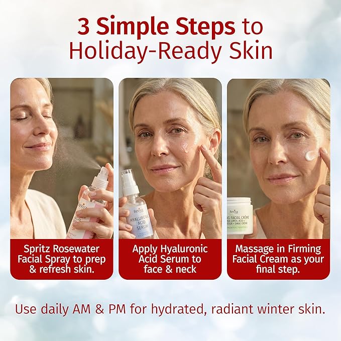 Reviva Labs Holiday Glow Skincare Gift Set – 3-Pc Face Care Kit with Hyaluronic Acid Serum, DMAE Lift & Firm Cream, and Rosewater Face Mist – Hydrating, Moisturizing & Firming Skincare Set for Women