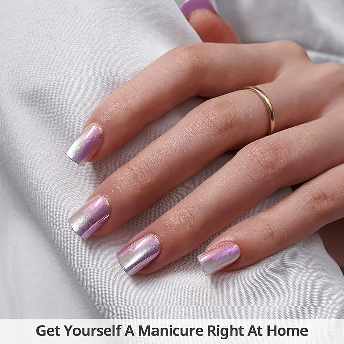 BTArtbox Press On Nails Short - Chrome Cat Eye Square Press On Nails with Glue for Women, Opaque Soft Gel Glue On Nails in 16 Sizes - 32 Stick On Nails Kit, Glass Ocean