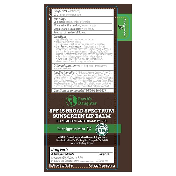 Earth's Daughter SPF Lip Balm Eucalyptus Mint Stocking Stuffers 4-Pack - Lip Sunscreen, SPF 15, Organic Ingredients, Beeswax, Coconut Oil, Vitamin E - Hypoallergenic, Gluten Free