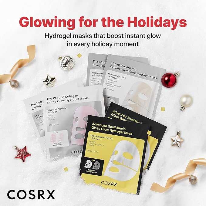COSRX Glow-Boosting Face Mask Limited Holiday Gift Set 6ea, Snail Mucin, 6 Peptides & Alpha-arbutin for Glass skin, Collagen Face Mask, Korean Skin Care Set, Stocking stuffers, Amazon Exclusive