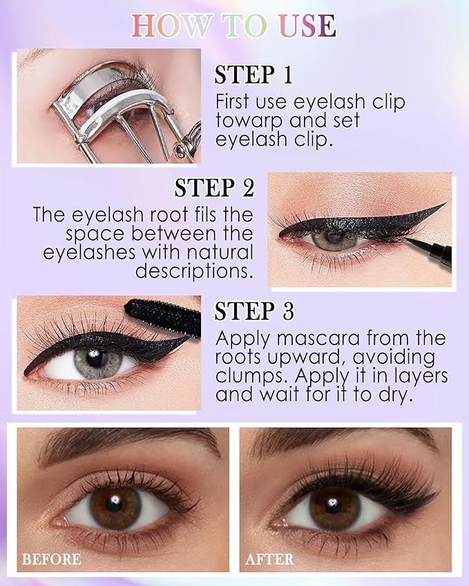 Black Mascara Liquid Eyeliner Set, Update Longlasting Waterproof Color Eye Liner Pen, 5D Silk Fiber Colored Mascara Volume and Length, Christmas Party Stage Use Eye Makeup Gift Kit for Women Girl-01