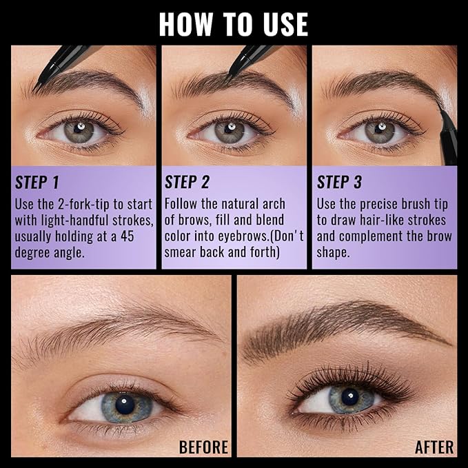UCANBE Eyebrow Pen, Dual-Curved Eyebrow Pencils for Women, 2-in-1 Brow Pencil with 2-Fork-Tip & Precise Brush-Tip for Natural Hair-Like Brows, Waterproof Microblading Brow Pen Last 24Hrs(Black Brown)