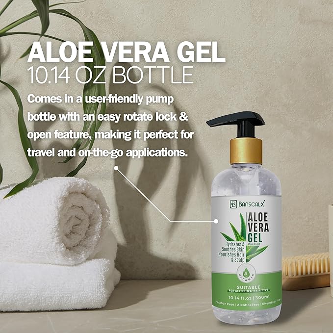 100% Pure Natural Aloe Vera Gel for Moisturizing Face Skin & Hair – Soothing After Sun Exposure, Dry & Sensitive Skin, Non-Sticky (10.14 oz)