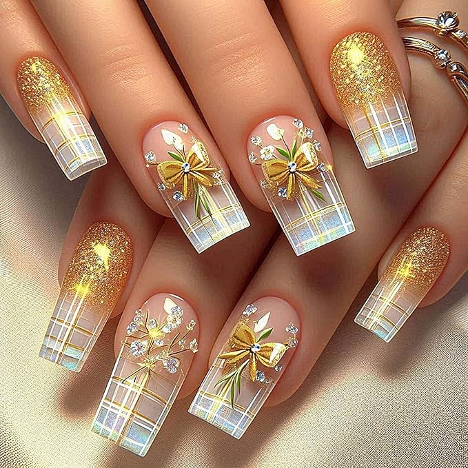 Long Square Press on Nails Gold Fake Nails with Glitter Design French Tip False Nails Gradient Acrylic Nails for Women 24pcs