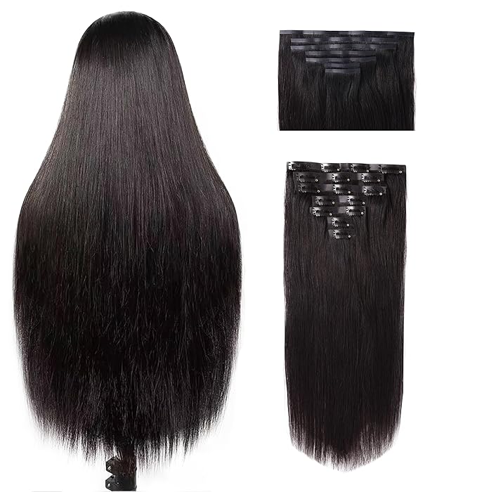 Essent Seamless Sleek Straight Clip in Hair Extensions Seamless Real Human Hair, 20 Inch 1Pack 130g 7Pcs Human Hair Extensions for Women Natural Black