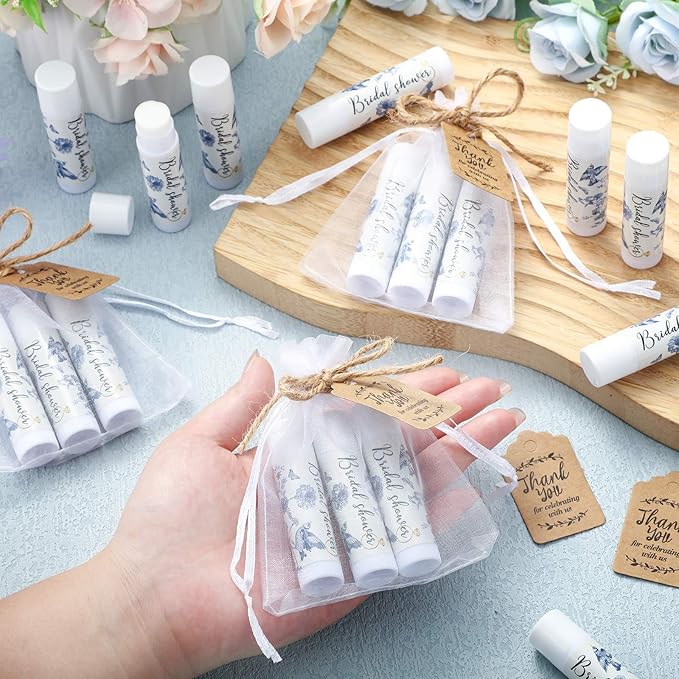 Demissle 50 Pcs Bridal Shower Lip Balm Gift Set with 100 Pcs Organza Bags Thank You Tags 20 Meters Rope wedding Party Favor for Guest Favors Gift Party Decoration Souvenirs(Vintage Flower)
