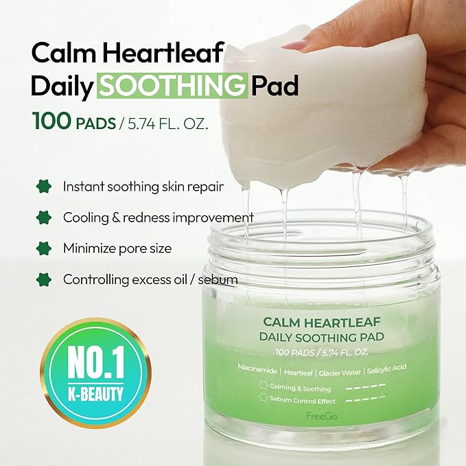 FreeGo Calm Heartleaf Daily Soothing Pad (100 Pads), K-Beauty Facial Toner Pads for Sensitive or Acne-Prone Skin, Instant Soothing Skin Repair