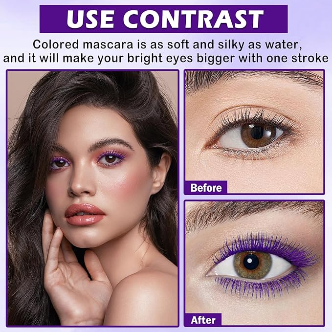 Purple Mascara for Eyelashes,5D Colored Mascara Volume and Length Waterproof,Natural Curling for Women Eye Makeup
