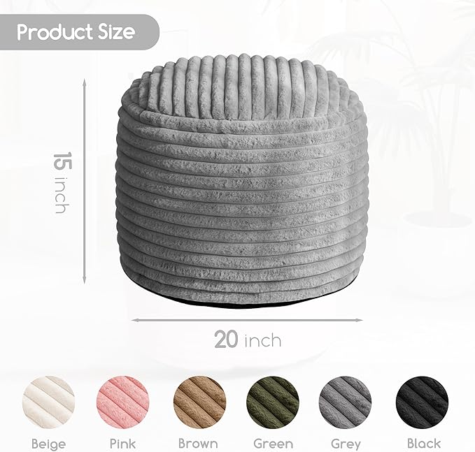 HIGOGOGO Round Stuffed Pouf Ottoman, Stripe Faux Fur Poufs with Foam Chunk Filling, Furry and Fluffy Pouf Foot Stool Storage Ottoman, 20 X 15 Floor Poufs Foot Rest for Living Room, Grey