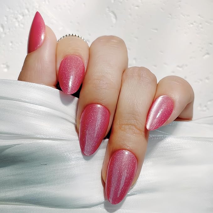 30PCS Short Almond Press-On Nails – Rose Cat Eye Fake Nails in 15 Sizes, Soft Back Edge & Strong Tips, No Measuring Needed, Reusable Stick-On Nail Tips for All Occasions