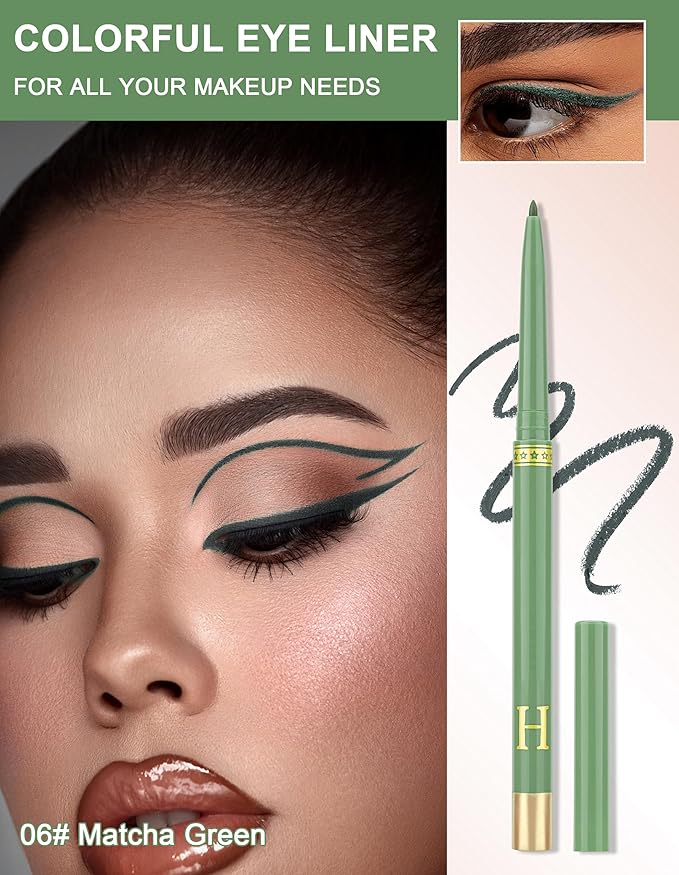 2PCS Matcha Green Gel Eyeliner Pencil, Waterproof & Smudge Proof Eyeliner, Colorful Eyeliner Gel Pen, Soft and Smooth Texture, Hypoallergenic Eye Liner Pen Makeup for Women