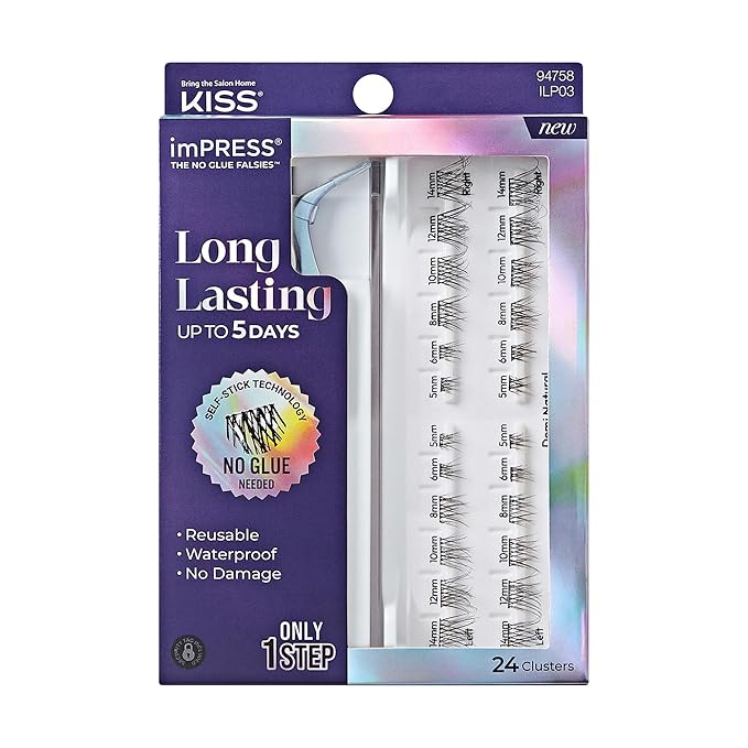 KISS imPRESS Falsies Long Lasting Self Adhesive Eyelashes, ‘Demi Natural’, 5 Day Extended Wear, 24 Natural Volume Lash Clusters (5,6,8,10,12, & 14mm), Precision Non-Stick Applicator