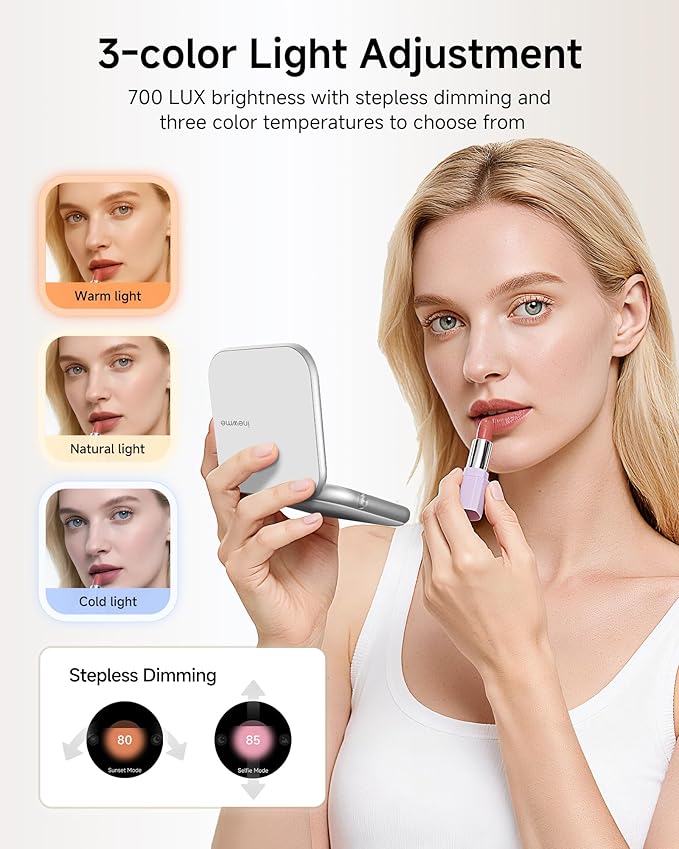 inewme UV Camera Mirror for Sunscreen Test, 3-Color LED Light with Real-Time UV & Humidity Sensor, Portable Travel Makeup Mirror, Compact Skin Care Tool