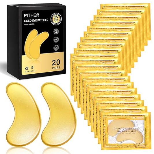 Under Eye Patches, Gold Eye Patches for Puffy Eyes and Dark Circles 24k Gold Under Eye Mask for Wrinkles Eye Bags for Women and Men Collagen Skincare Treatment (20pcs)