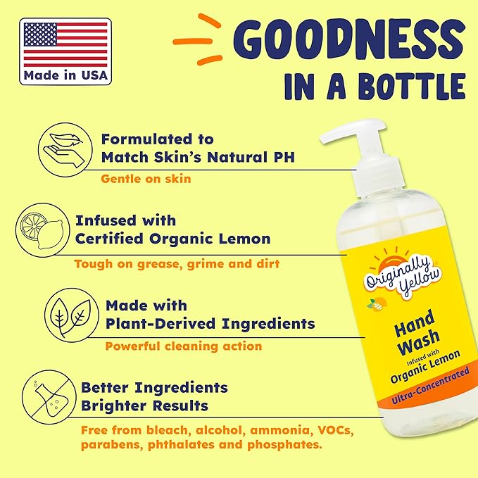 Originally Yellow Plant-Based Hand Soap All Natural Infused with Organic Lemon | Gentle Natural Hand Soap | Pet & Baby-Safe Soap, 16 Fl Oz (3-Pack)