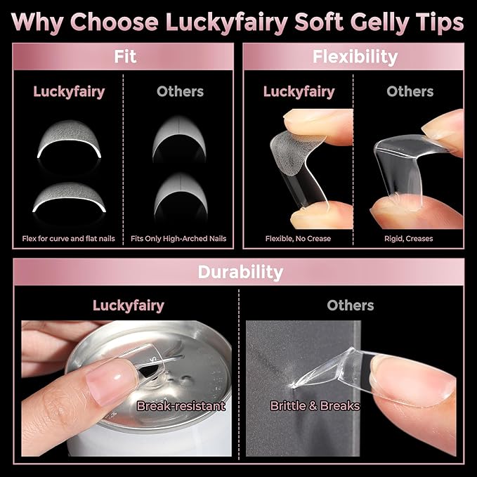 Medium Square Nail Tips, 240pcs Soft Gel Pre-Shaped Acrylic Fake Nails, Half Matte Full Cover Clear Gelly Press on Flase Nail Tips for Extension Nail Manicure Home DIY 12 Sizes Gelly Tips