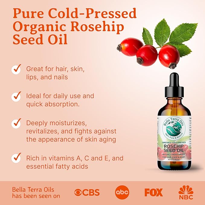 Bella Terra Oils - Organic Rosehip Oil 4 oz - Hailing from The Finest Rosa Mosqueta, Abundant in Omega-6 & Omega-3 Fatty Acids, Pure Radiance for Face
