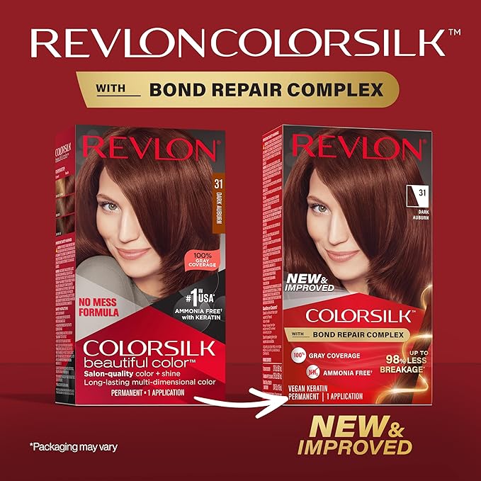 Revlon ColorSilk with Bond Repair Complex, Auburn Permanent Hair Color, 100% Gray Coverage, Ammonia Free Hair Dye, Vegan Keratin, 31 Dark Auburn (Pack of 3)