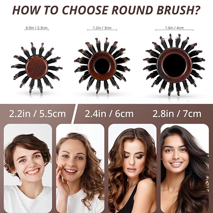 Boar Bristle Round Brush for Blow Drying, Straightening, Styling - Adds Shine and Volume for Women and Men (2.2in)