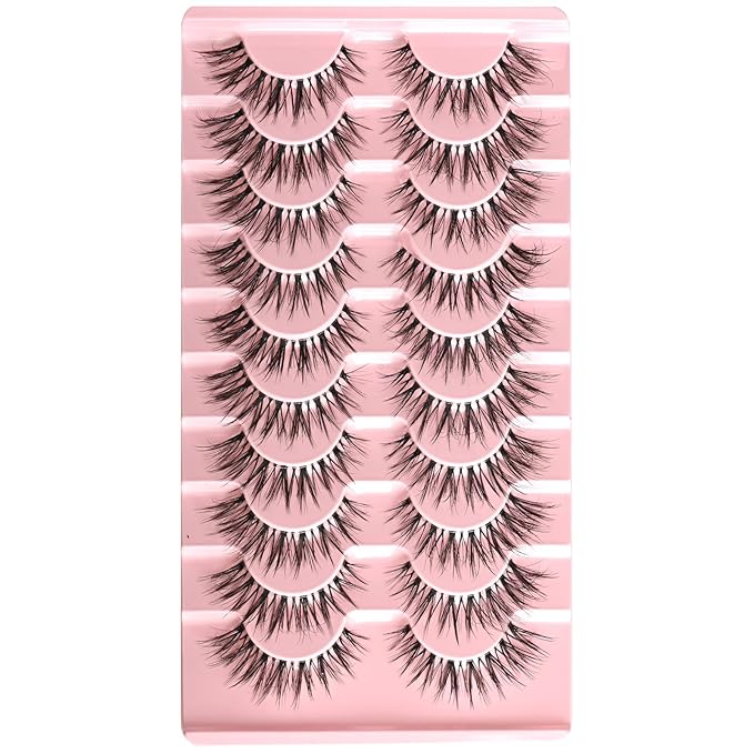 FARRED False Eyelashes Cat Eye Lashes Natural Fake Strip Eyelashes Invisible Band Mink Eyelash Strips Wispy Full Volume Pack 10 Pairs 8-14 mm Short Demi Wispies Pestañas Postizas