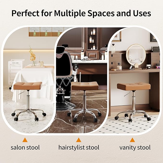 Rolling Stool Adjustable Height (300lbs Capacity) (Sturdy Base) Multifunctional Nail Tattoo Vanity Massage Stool (Camel Brown)