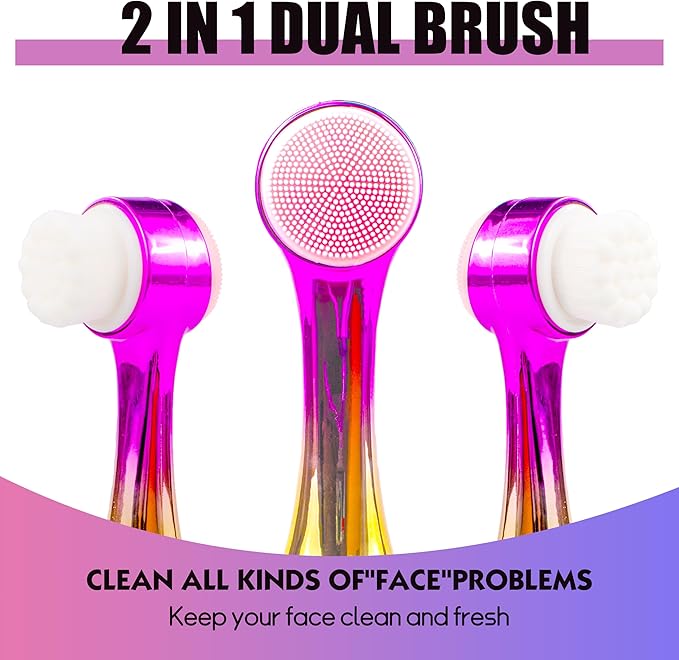 Facial Cleansing Brush 2 in 1Double-Sided Facial Cleaning Brush with Soft Bristles for Deep Pore Exfoliation, Wash Makeup, Massaging (Gold&Pink 4PCS)