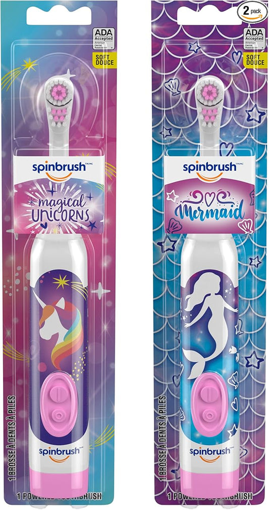 Spinbrush Mermaid & Unicorn Kids Electric Toothbrush 2-Pack, Battery-Powered, Soft Bristles
