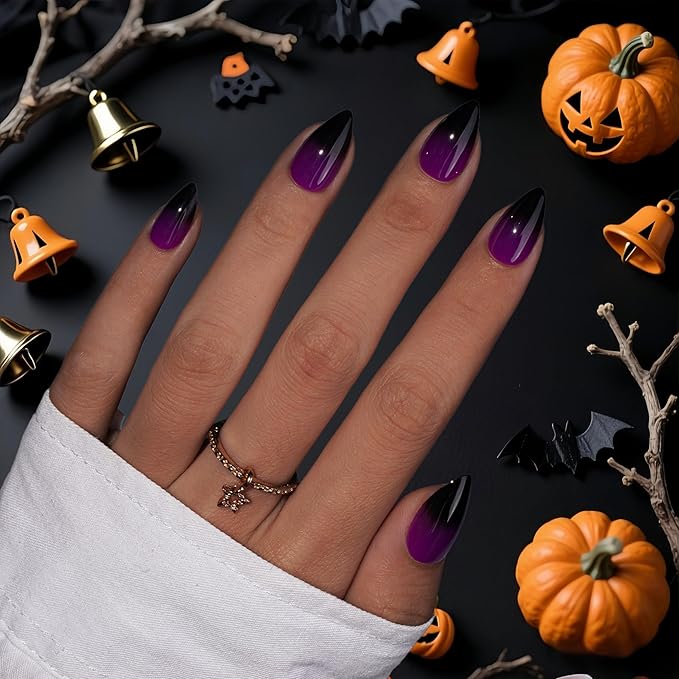 KQueenest Acrylic Press On Almond, Ombre Purple Black Press On Nails Short Stiletto, Dark French Fake Nails With Glue, Gradient Glue on Nails with Design, Reusable Stick on Nail for Women, 30 Pcs