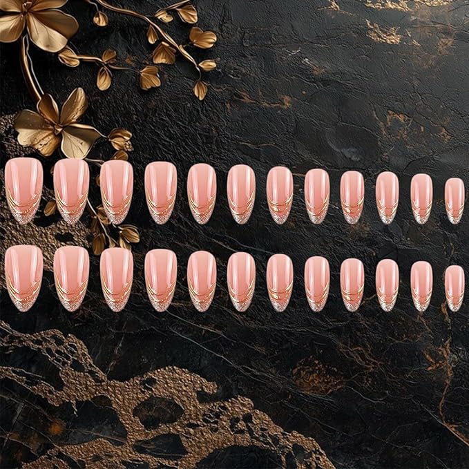 French Tips Press on Nails 3D Curve Line Press ons Fingernail Sparkly Gel Glue on Acrylic Fake Nails 24Pcs Glossy Silver Glitter Medium Almond False Nail Elegant Stick on Nail for Holiday Manicure Art
