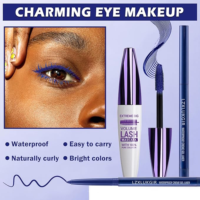 Blue Mascara and Eyeliner Set,Natural Curling Blue Mascara for Eyelashes,Volumizing Lengthening máscara de pestañas Waterproof,5D Colored Eye Makeup