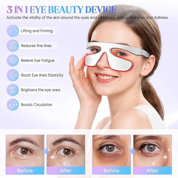 Under-Eye Light Therapy Device, Beauty Device with Pulsed, Light Therapy, and Heat, for Relieving Eye Bags, Eye Fatigue, and Dark Circles, with Gel and glass Strap (white & 3 modes)