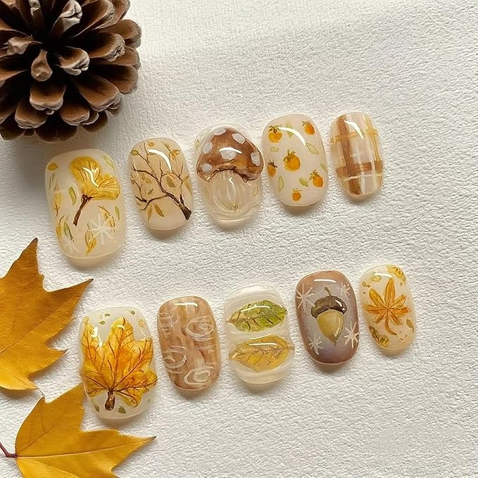 30Pcs Fall Press on Nails Short Square Fake Nails 3D Maple Leaf Glue on Nails Autumn Leaves Pinecone Design Thanksgiving False Nails Fall Artificial Acrylic Nail for Women DIY Holiday Manicure