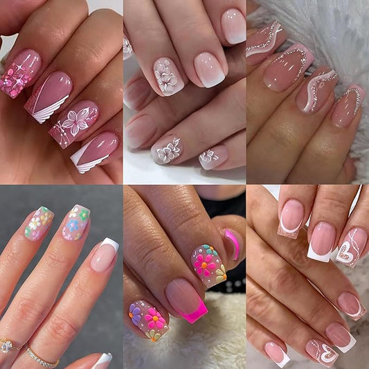 6 Packs (144 Pcs) Press on Nails Square, Flower Press on Nails, French Tip Press on Nails Medium, Pink Fake Nails, Glue on Nails, False Nails for Women, Stick on Nails Kit 12 Sizes-6Styles