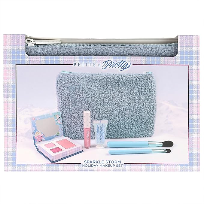 Petite 'n Pretty Sparkle Storm Makeup Gift Set for Kids, Tweens and Teens - Cool Vibes Eye & Cheek Palette, Brushes, 10K Shine Lip Gloss, Sparkly Ever After All Over Glitter in Blue Sherpa Bag