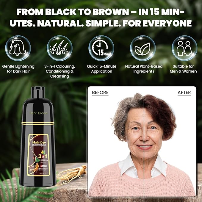 Instant Dark Brown Hair Dye Shampoo for Women, Hair Color Shampoo for Gray Hair, 3 in 1-100% Gray Coverage - Natural Plant Ingredients, 16.9OZ/500ML