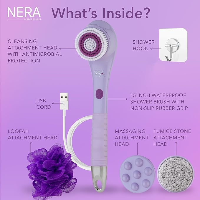 Spa Sciences - NERA - 4-in-1 Shower/Bath Body Brush for Exfoliation, Deep Cleansing, Foot Care, Lotion Infuser, and Massage