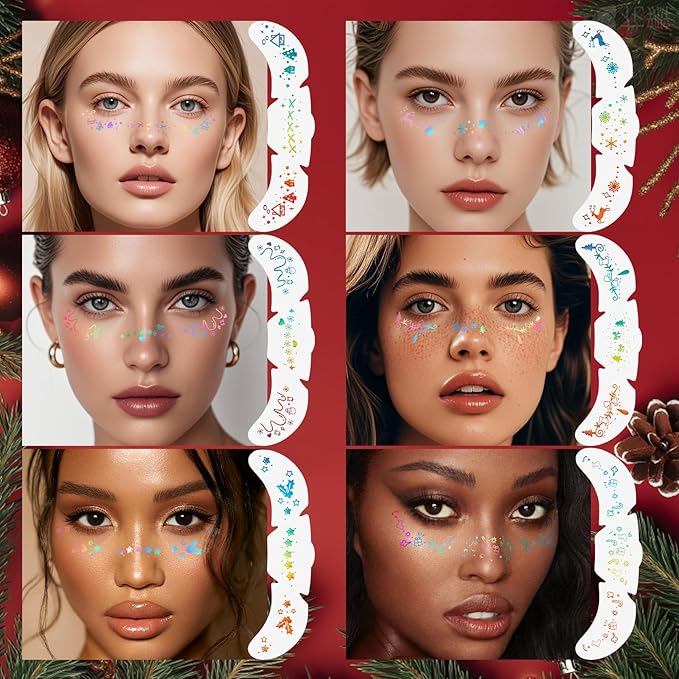 12Pcs Christmas Chameleon Glitter Freckles Face Tattoo, Holographic Multichrome Waterproof Glitter Speckles Patches, Long Lasting Temporary Tattoos Sticker Makeup for Christmas Party Makeup03