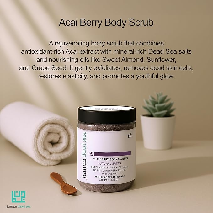 Juman Dead Sea Salt Body Scrub | Infused with Aloe Vera Essential Oil & Cocoa Butter | Acia Berry Scrub | Removes Dead Skin Cells and Rejuvenate Dull Skin | SlS & Paraben Free | Vegan | 11.46 Oz
