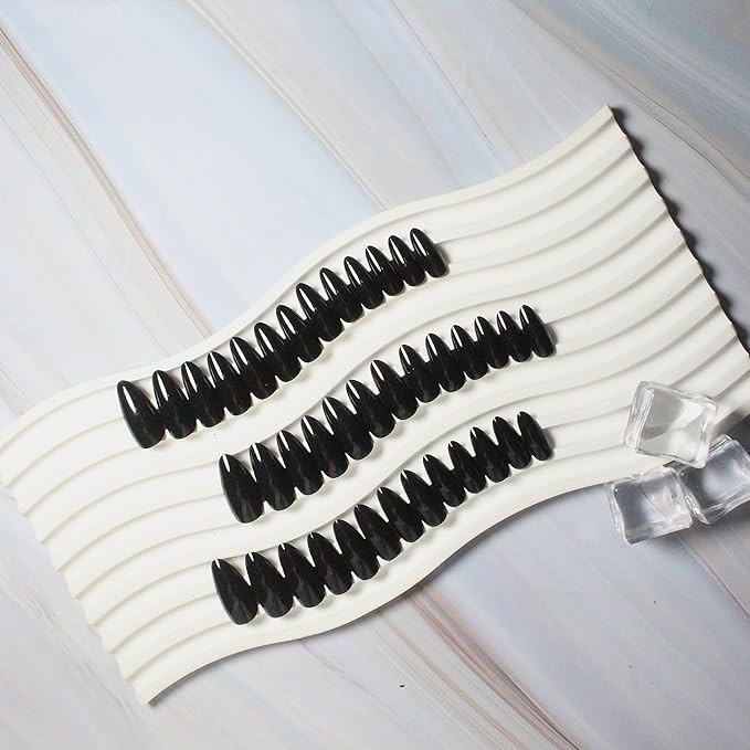 48Pcs Black Press On Almond Shaped Nails - Medium Length, Stiletto, Thick Natural Acrylic Gel Finish
